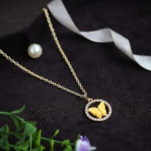 18K Gold Butterfly Yellow, Diamond Ring Necklace Stainless Steel/Paired Earrings